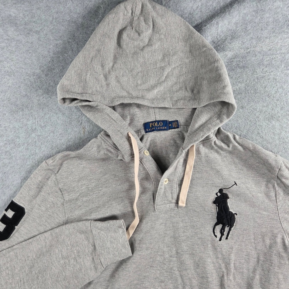 Polo Ralph Lauren Hoodie Mens Medium Grey Big Pony Pique Long Sleeve Pullover